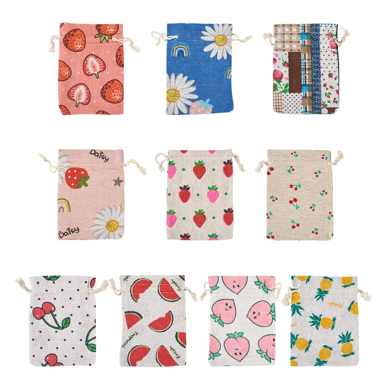 50pcs Fruit Pattern Cotton Linen Storage Bag Drawstring Reusable DIY Pouches