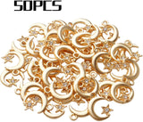 50pcs Golden Plated Moon Star Charms with Rhinestone Celestial Pendants