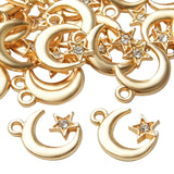 50pcs Golden Plated Moon Star Charms with Rhinestone Celestial Pendants