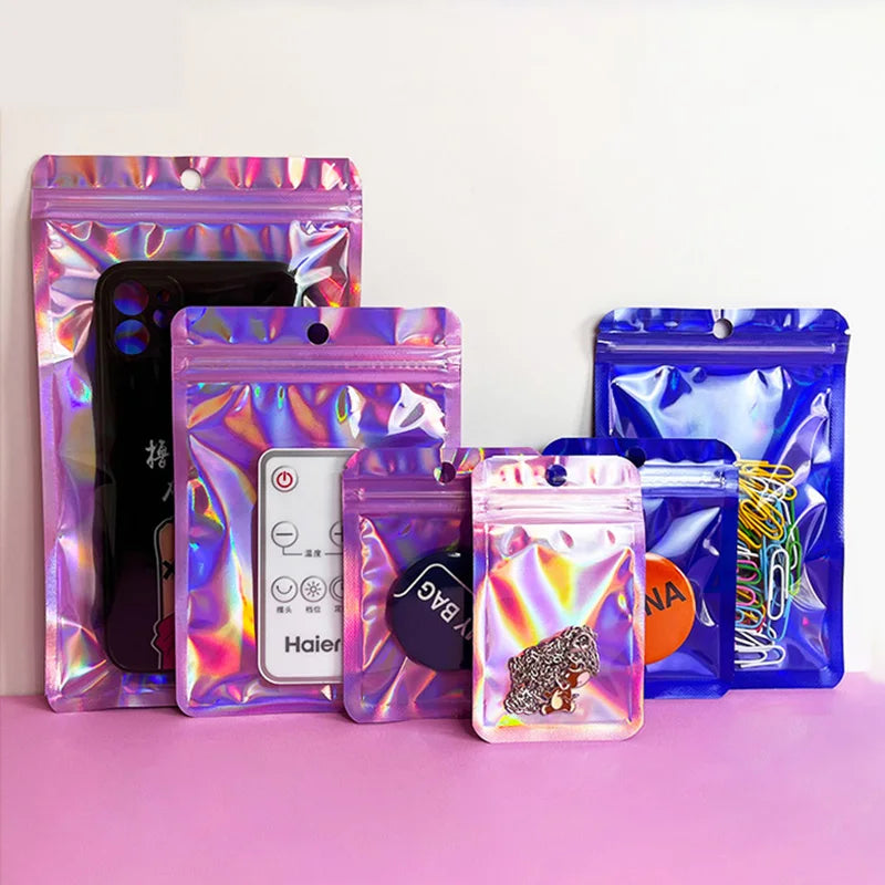 50pcs Holographic Laser Bag Self-sealing Plastic Pouches for Jewelry Display