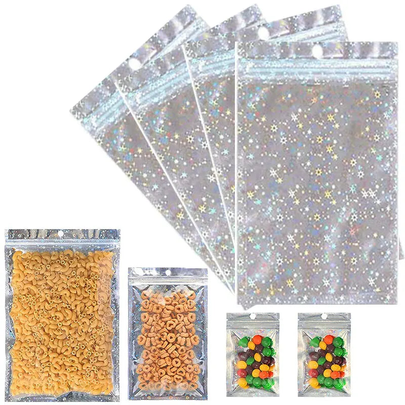 50pcs Holographic Zip Lock Bags Star Pattern Mylar Pouch Foil Baggies