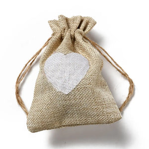 50pcs Heart Pattern Linen Drawstring Pouch Gift Bag 14x10x0.5cm