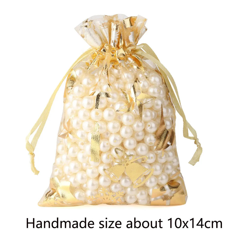 50pcs 10x14cm Christmas Organza Bags with Silver Snowflake Patterns