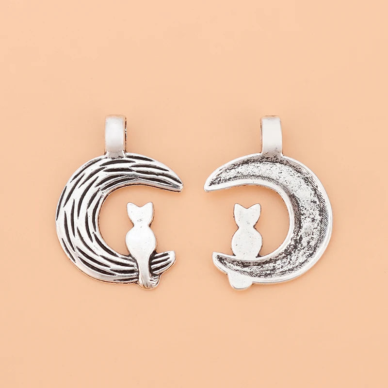 50pcs Tibetan Silver Cat & Moon Charms Pendants for Jewelry Making