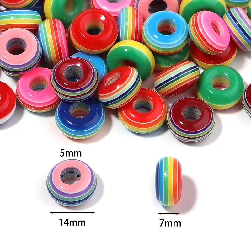 50pcs Resin Big Hole Beads DIY Rainbow Stripe Flat Drum Beads 14*8mm