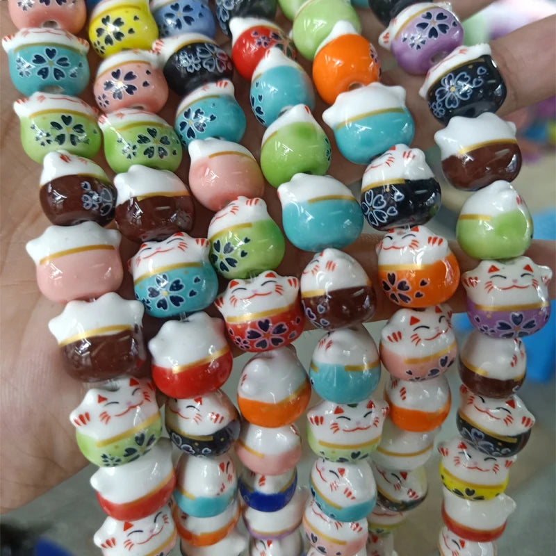 50pcs Hand Painted Lucky Cat Ceramic Beads 13X14MM for Jewelry Making DIY