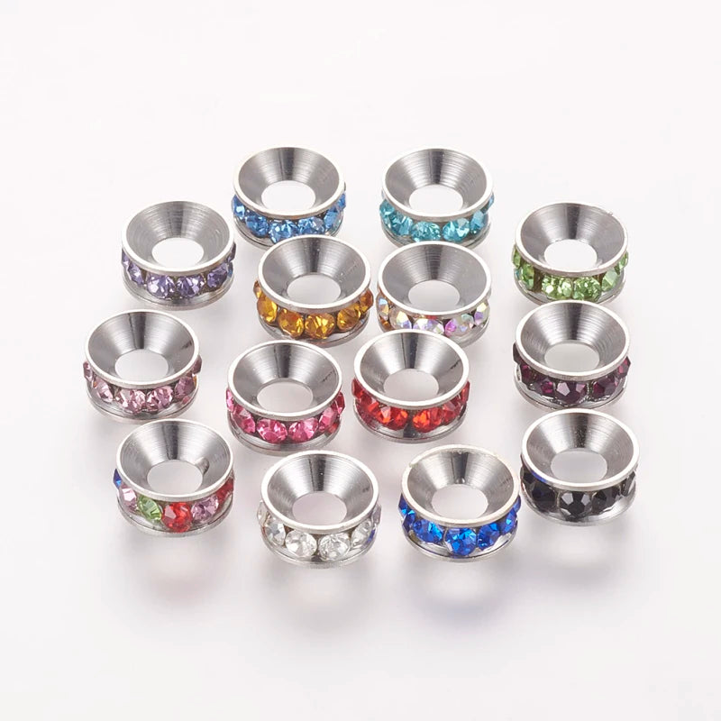 50pcs Mixed Brass Spacer Beads with Rhinestone Flat Round 9x4mm