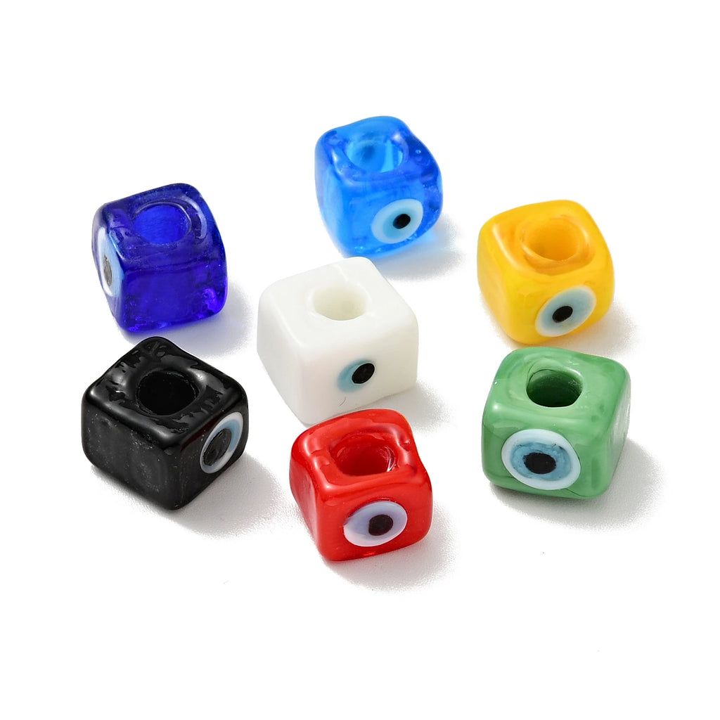 50pcs Multicolor Cube Evil Eye Lampwork Beads Large Hole Spacer Beads