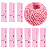 Set of 50 Pink Wooden Clothespins Photo Clips with Twine for DIY Projects