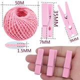 Set of 50 Pink Wooden Clothespins Photo Clips with Twine for DIY Projects