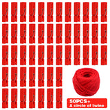 50pcs Red Wooden Clothespins Photo Paper Clips with Twine for DIY Crafts