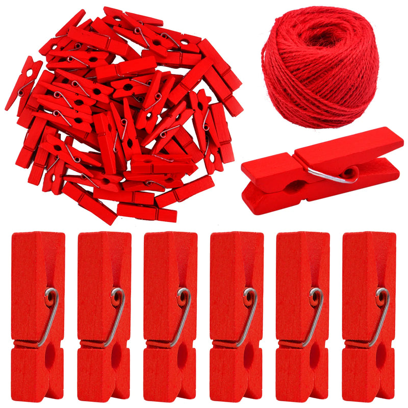 50pcs Red Wooden Clothespins Photo Paper Clips with Twine for DIY Crafts