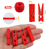 50pcs Red Wooden Clothespins Photo Paper Clips with Twine for DIY Crafts