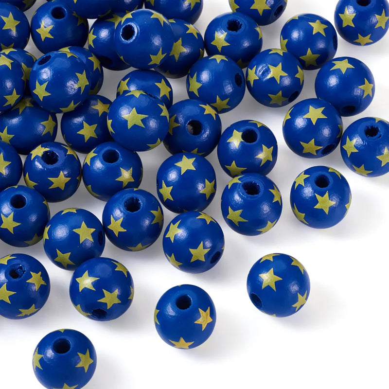 50pcs Round Wood Beads 16mm Star Pattern for Jewelry Making DIY Crafts