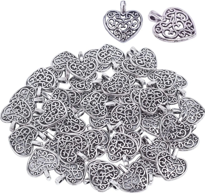 50pcs Heart Shape Charms Alloy Hollow Out Pendants DIY Jewelry Making