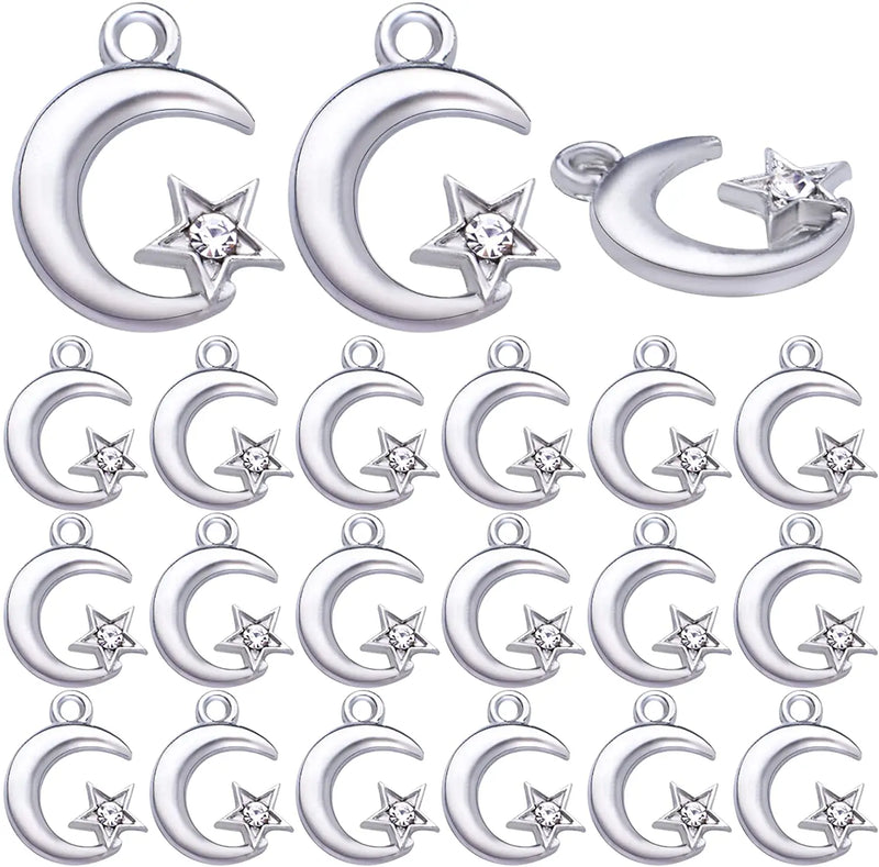 50pcs Silver Plated Rhinestone Moon Star Charms for DIY Jewelry Making