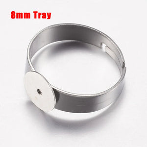 50pcs Size 7 Adjustable Stainless Steel Rings with Flat Round Tray