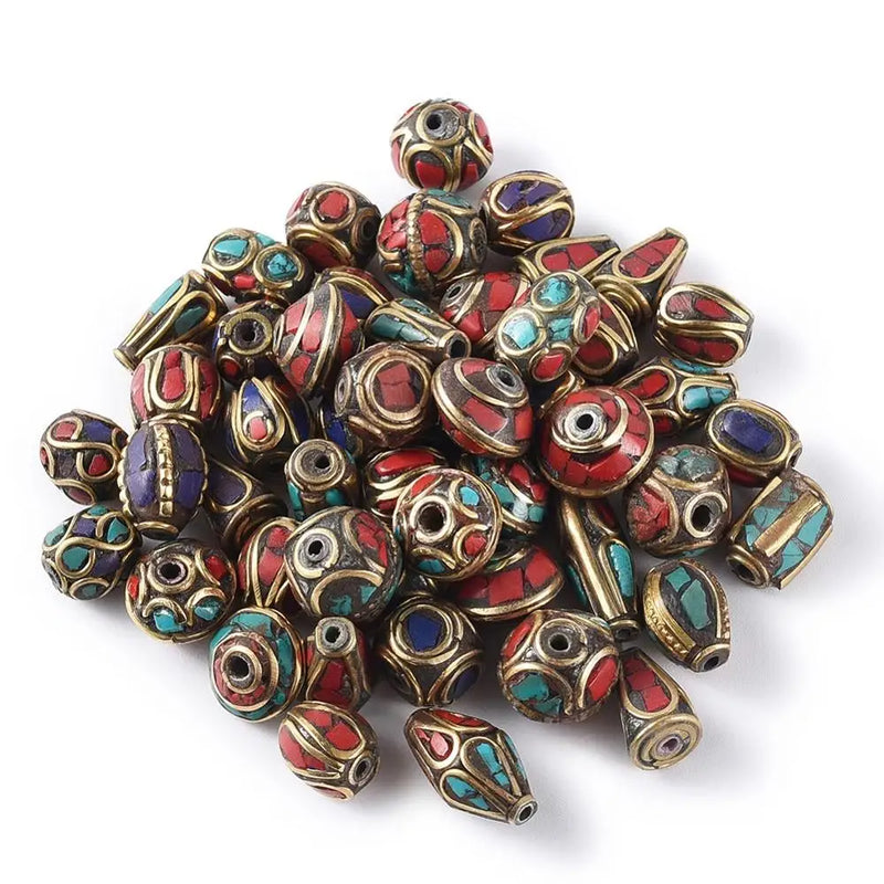 50pcs Tibetan Style Brass Beads w/ Synthetic Coral Antique Retro Nepal Beads
