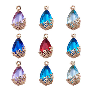 50pcs Glass Teardrop Pendants with Flower Charms for Earring DIY
