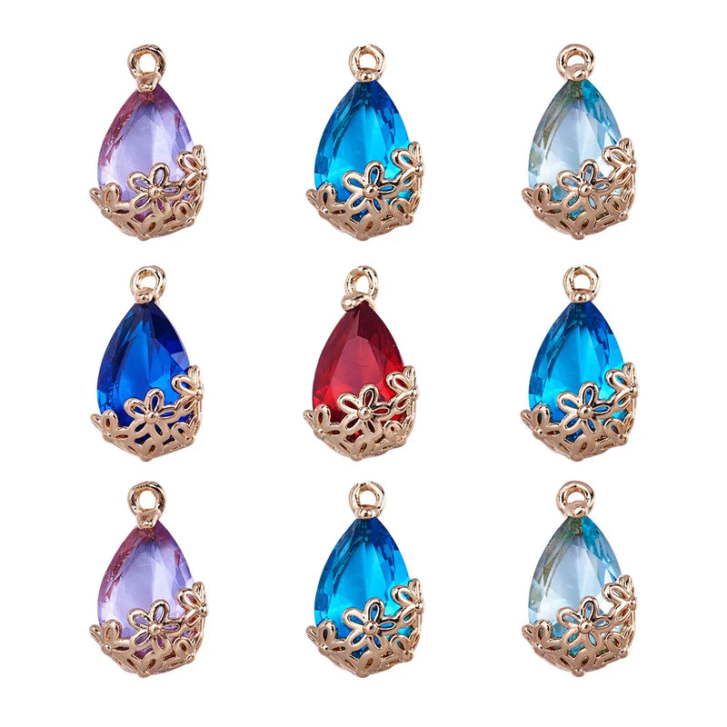 50pcs Glass Teardrop Pendants with Flower Charms for Earring DIY