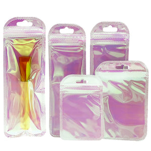 50 Transparent Holographic Self-Sealing Ziplock Bags Pink Plastic Pouch