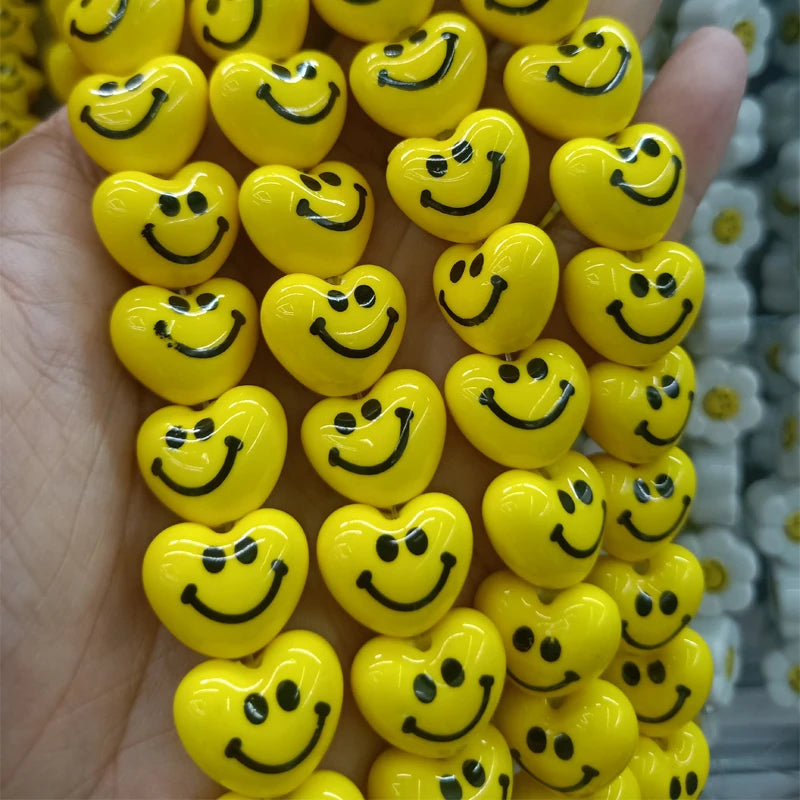 50pcs Yellow Smile Face Heart Shape Ceramic Beads 16x14mm