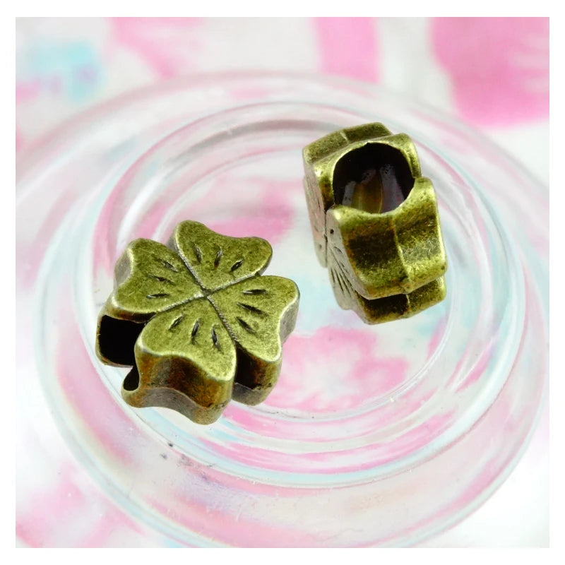 50pcs Four Leaf Clover Big Hole Beads Antique Bronze Plated DIY Jewelry Findings