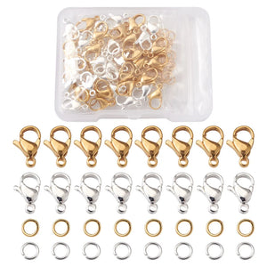 50pcs 304 Stainless Steel Lobster Claw Clasps w/ Open Jump Rings Mixed