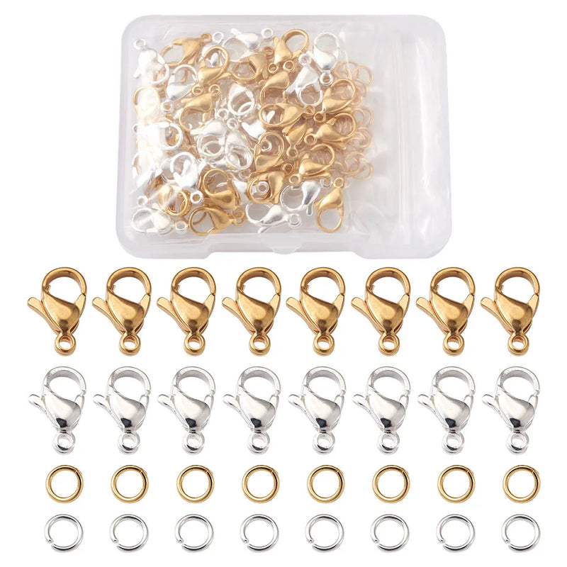 50pcs 304 Stainless Steel Lobster Claw Clasps w/ Open Jump Rings Mixed