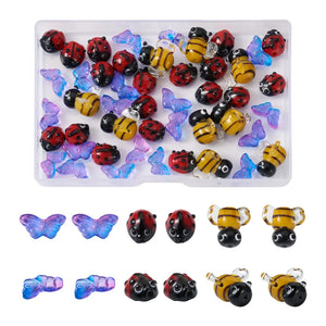 50pcs/box 3D Bees Lampwork Glass Charms Ladybug Butterfly Spacer Beads