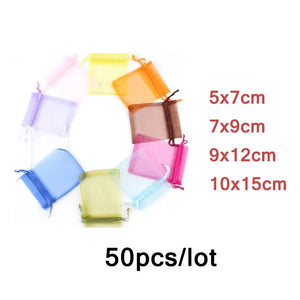 50pcs Organza Bags Jewelry Candy Pouches Wedding Party Decoration Drawable Bag