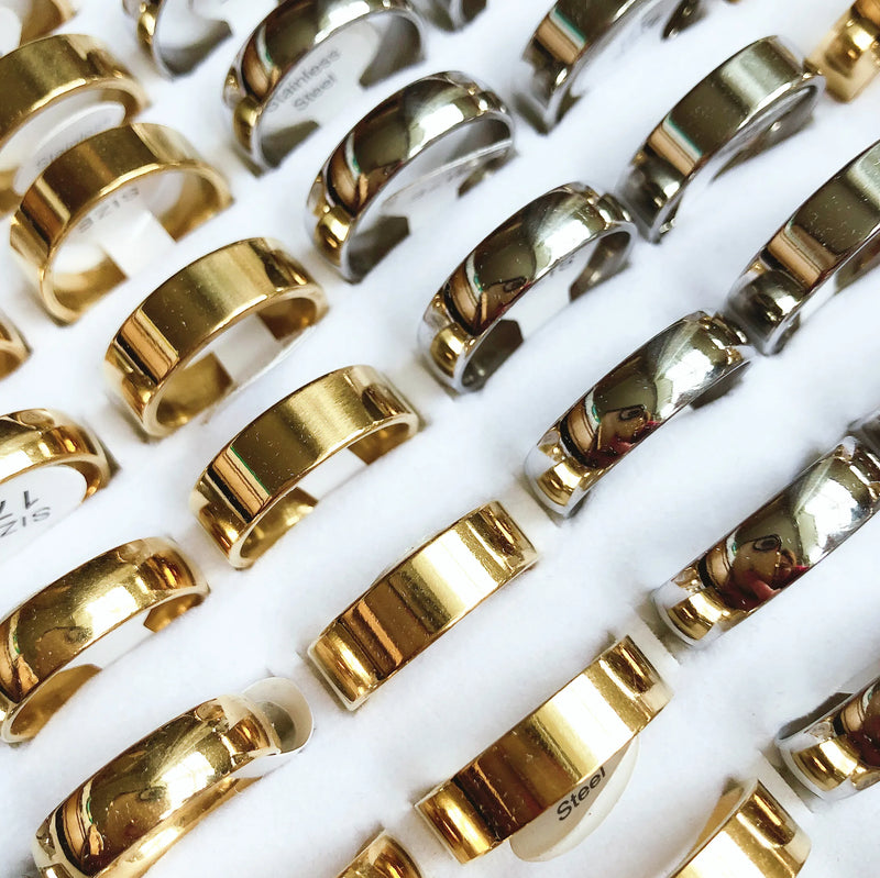 50pcs Stainless Steel Ring Mixed Arc and Flat 6MM Gold-Plated Silver