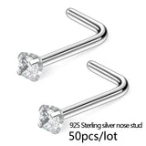 50pcs 925 Silver Clear Crystal L Shape Nose Studs Pin Nez Piercing