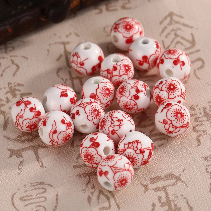 50pcs Ceramic Beads 10mm 12mm Glaze Decal Spacer Round Porcelain Jewelry Making