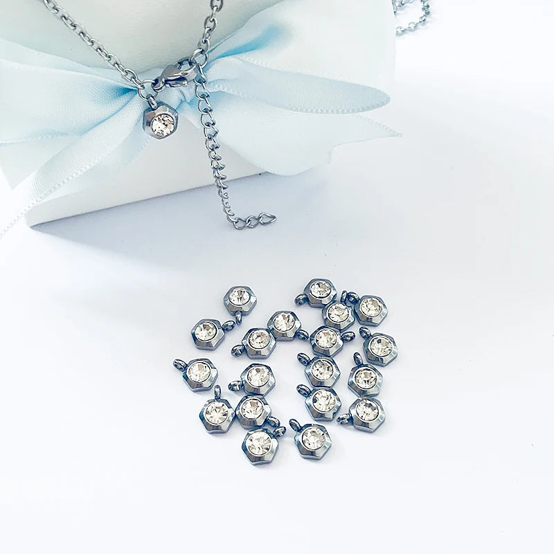 50pcs Hexagon Pendants 8.8mm*6.6mm Pink Rhinestone Necklace Tail Drop