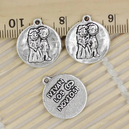 50pcs Tibetan Silver Round Married Charm Pendant For Necklace DIY Jewelry Making