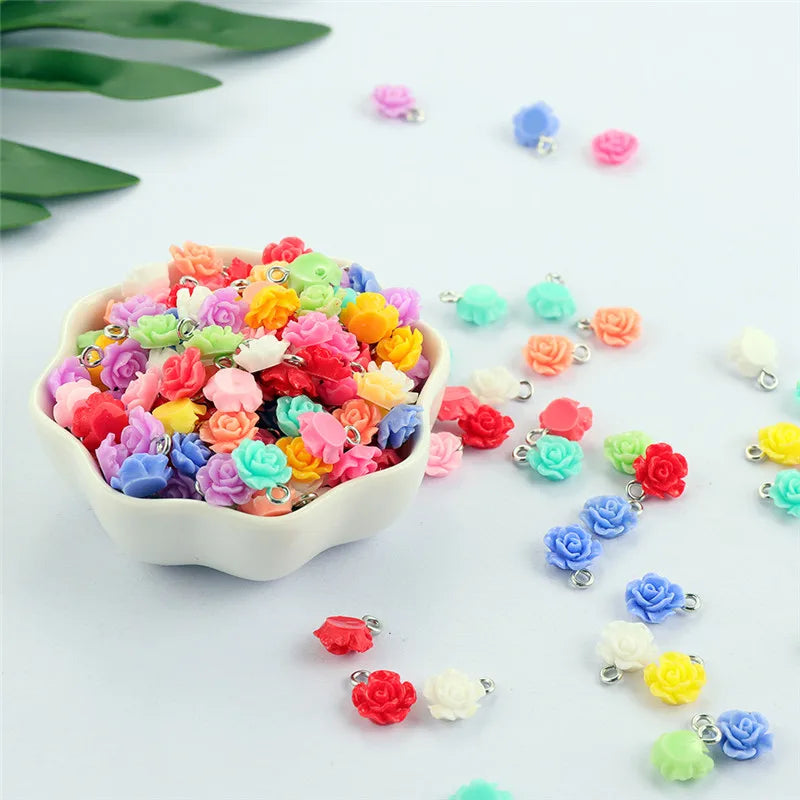 50pcs Resin Rose Flower Charms Pendants for DIY Bracelet Keychain Jewelry