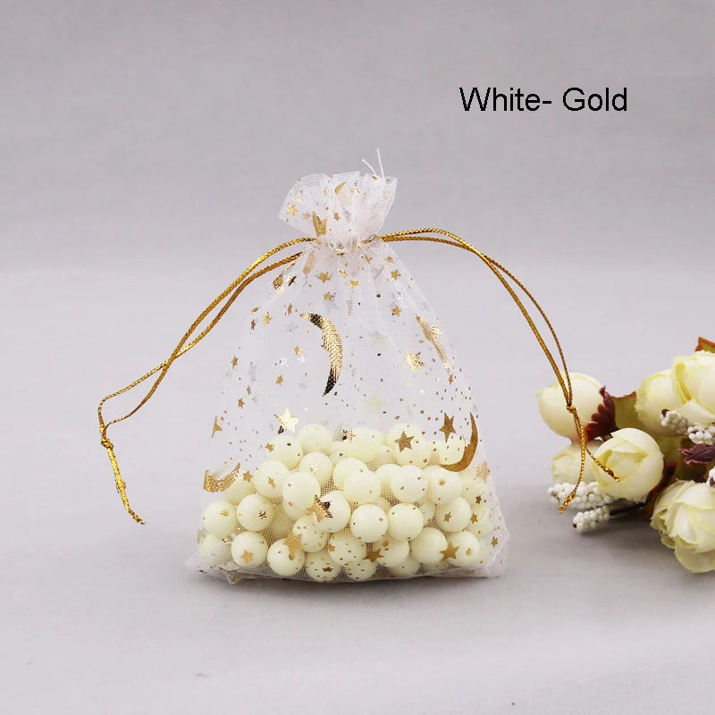 50pcs Moon Stars Bronzing Organza Bags Colorful Party Jewelry Gift Pouch