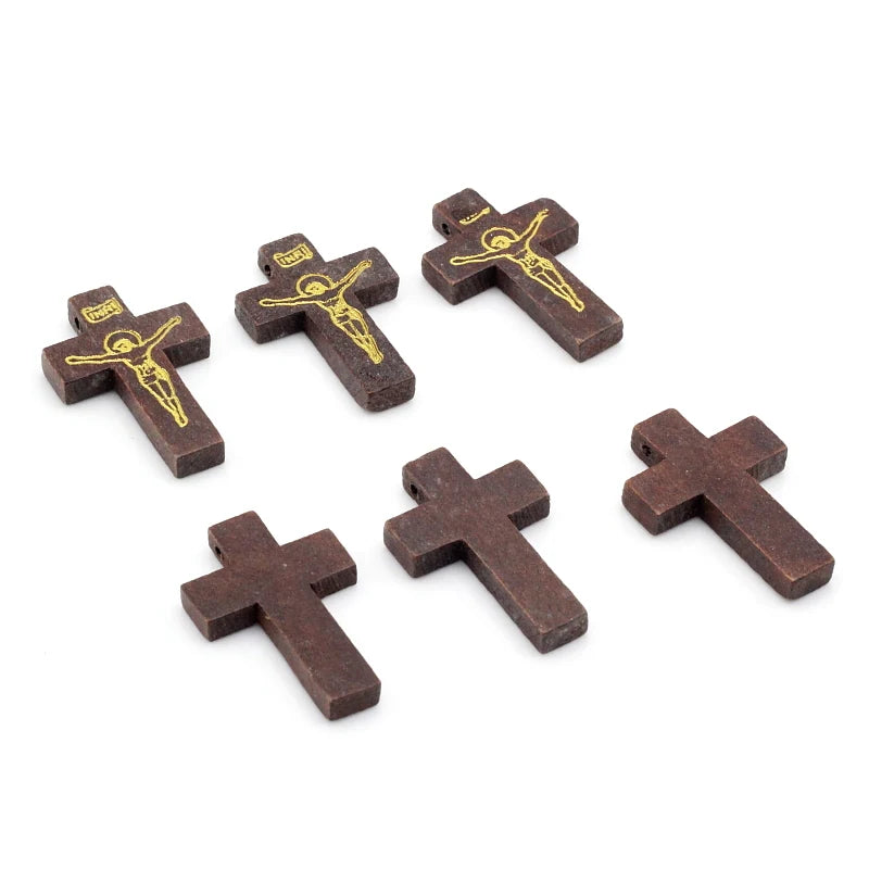 50pcs Catholic Christ Wooden Crosses Pendants For Necklace Making 33x21mm