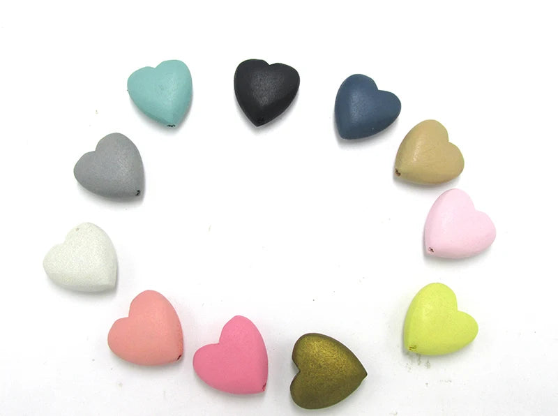 50pcs Pastel Heart Wood Beads, 11 Colors, Mixed Lot