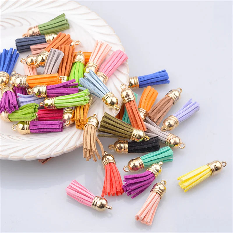 50pcs Suede Faux Leather Keychain 3.5cm Tassel Pendant Diy Jewelry Making
