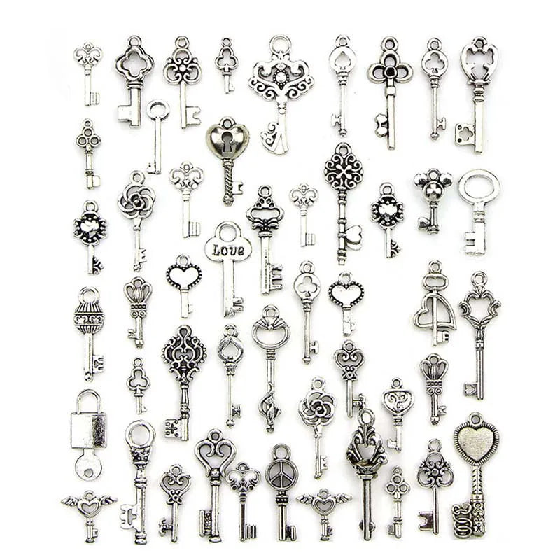50pcs Vintage Brass Crown Key Charms Jewelry Keys
