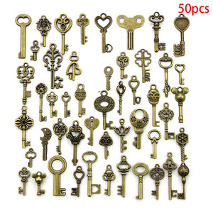 50pcs Vintage Brass Crown Key Charms Jewelry Keys