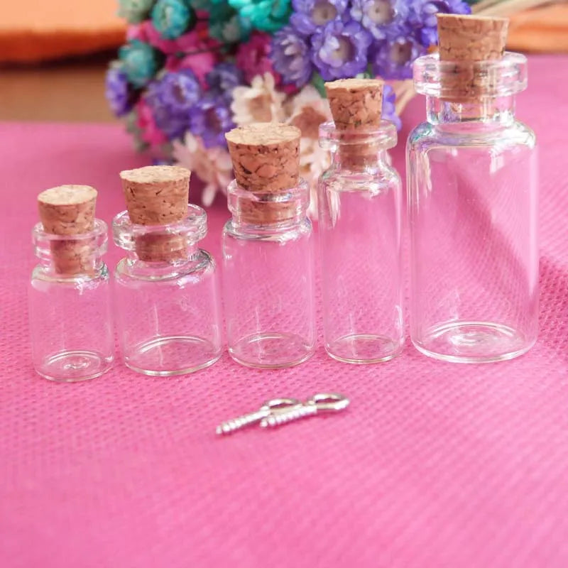 50pcs Clear Glass Bottles with Corks and Eyehooks - 13mm/16mm/18mm
