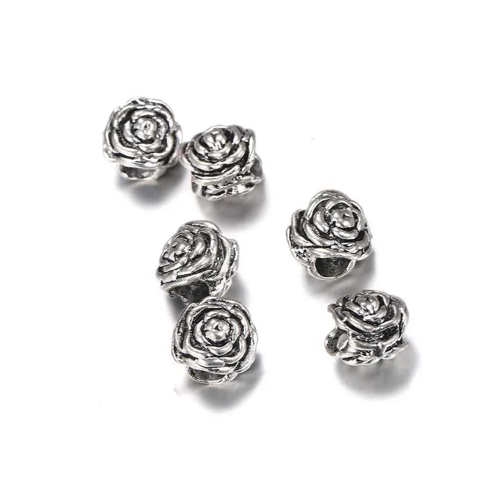 50pcs Vintage Silver Rose Flower Beads for Jewelry Making