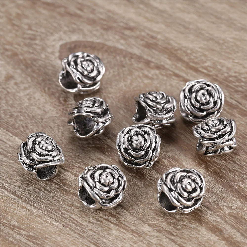 50pcs Vintage Silver Rose Flower Beads for Jewelry Making