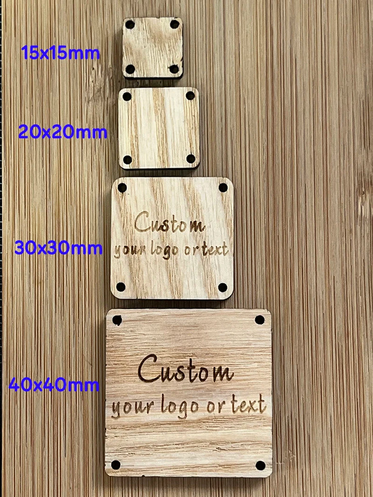 50pcs Square Wooden Logo Tags 4mm Thickness Engraved Text LOGO with 4 Holes