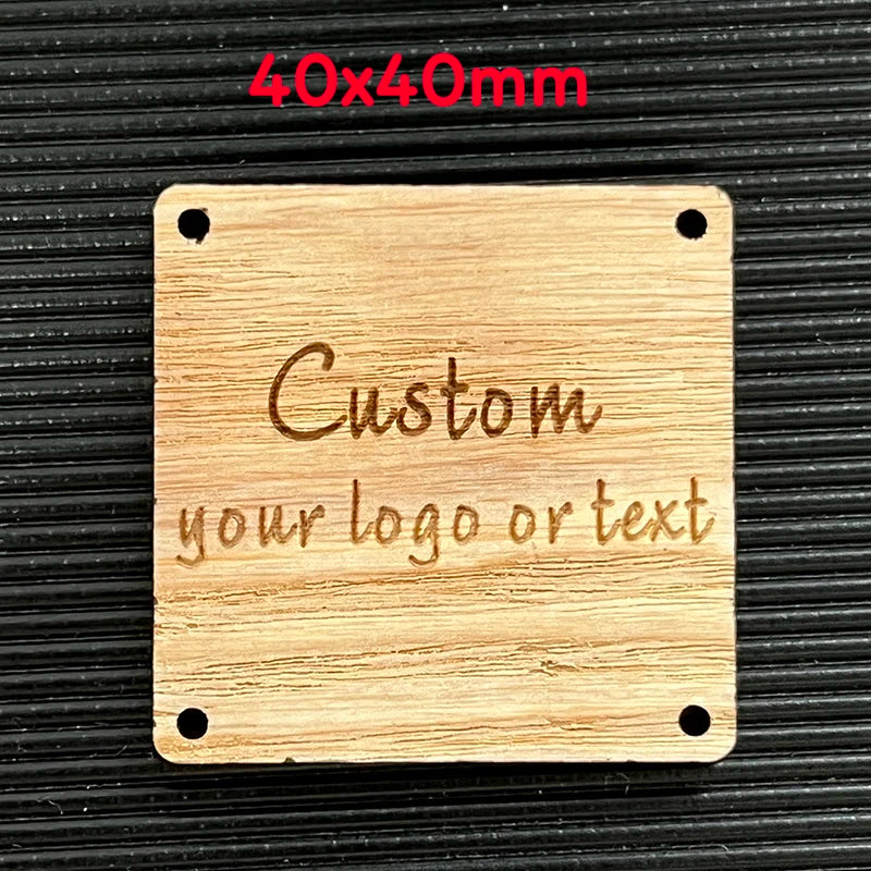 50pcs Square Wooden Logo Tags 4mm Thickness Engraved Text LOGO with 4 Holes