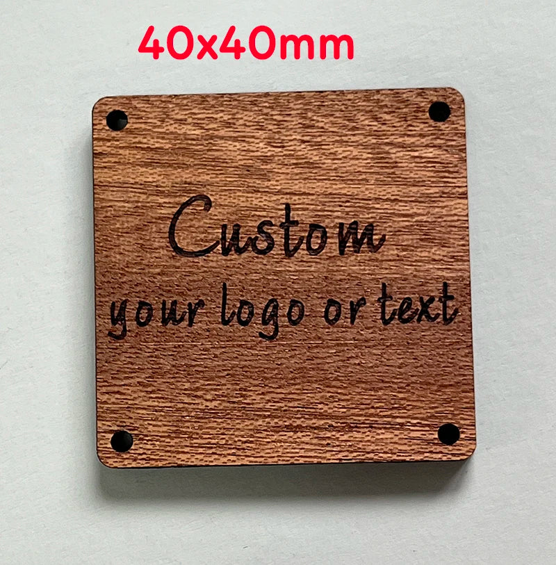 50pcs Square Wooden Logo Tags 4mm Thickness Engraved Text LOGO with 4 Holes