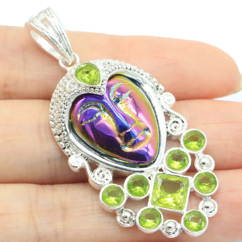 Fire Rainbow Titanium Goddess Face Green Peridot Eye-Catching Silver Pendant